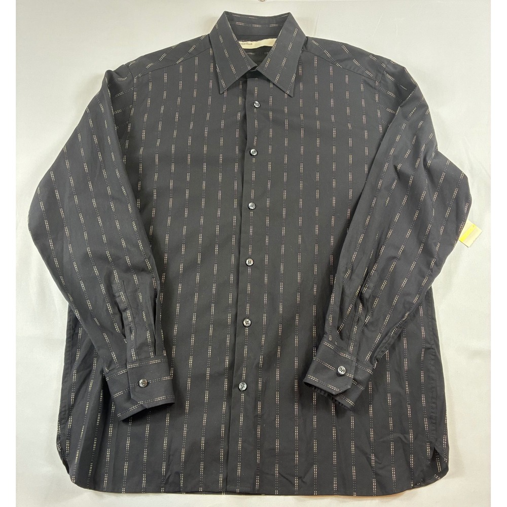 Perry Ellis Button Down Shirt Mens Medium Black Pinstripe Long Sleeve Cotton
